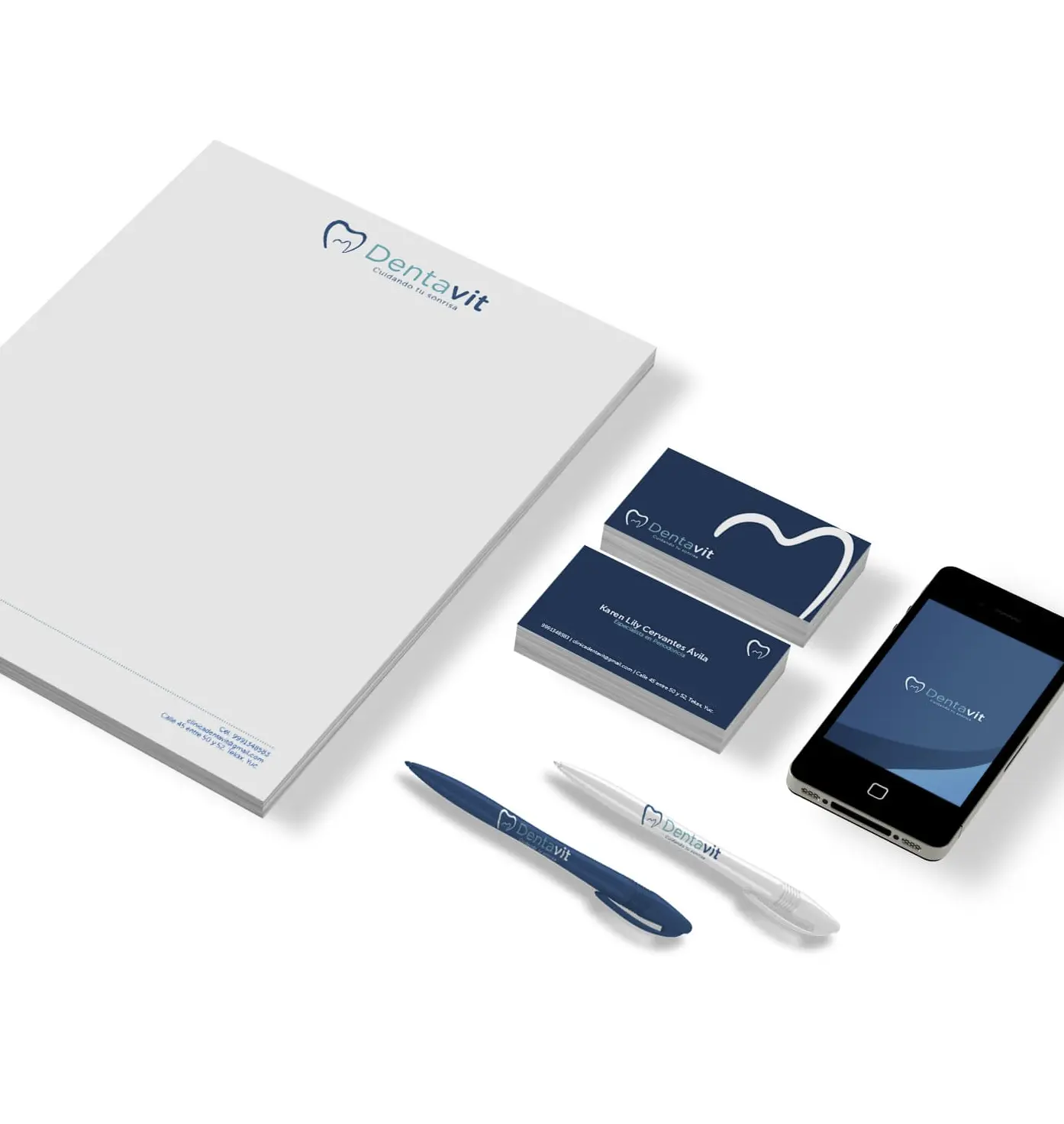 Dentavit stationery set including letterhead, business cards, pens and phone mockup