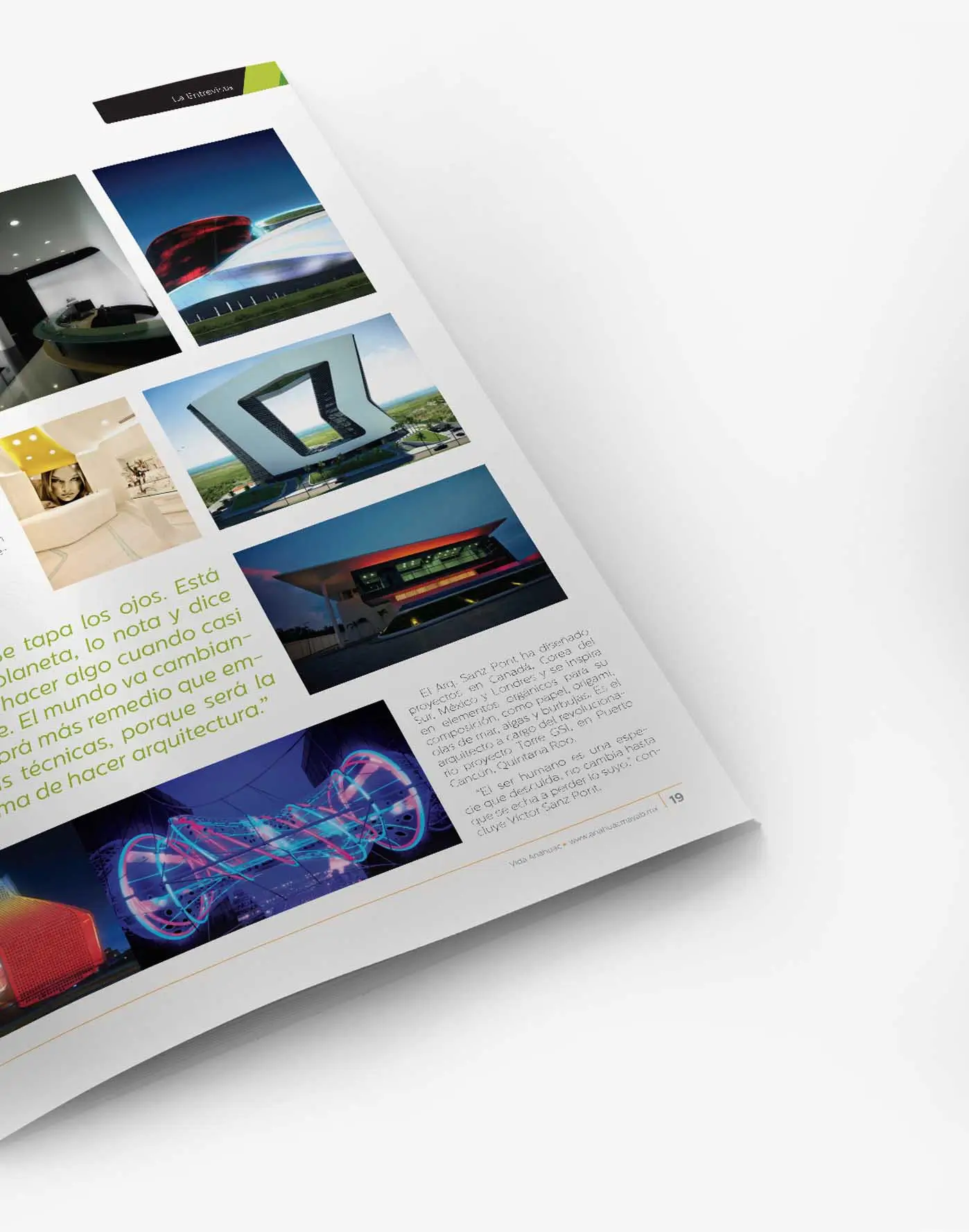 Magazine interview spread featuring a grid of architectural photography from an architect's international projects, paired with a pull quote running through the text column.